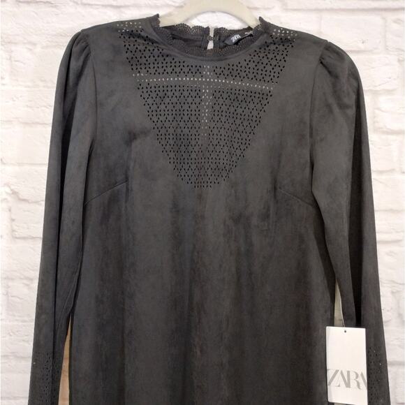 O Zara Womens Black Faux Suede Laser Cute Long Sleeve Mini Dress NWT Size S - Picture 8 of 13